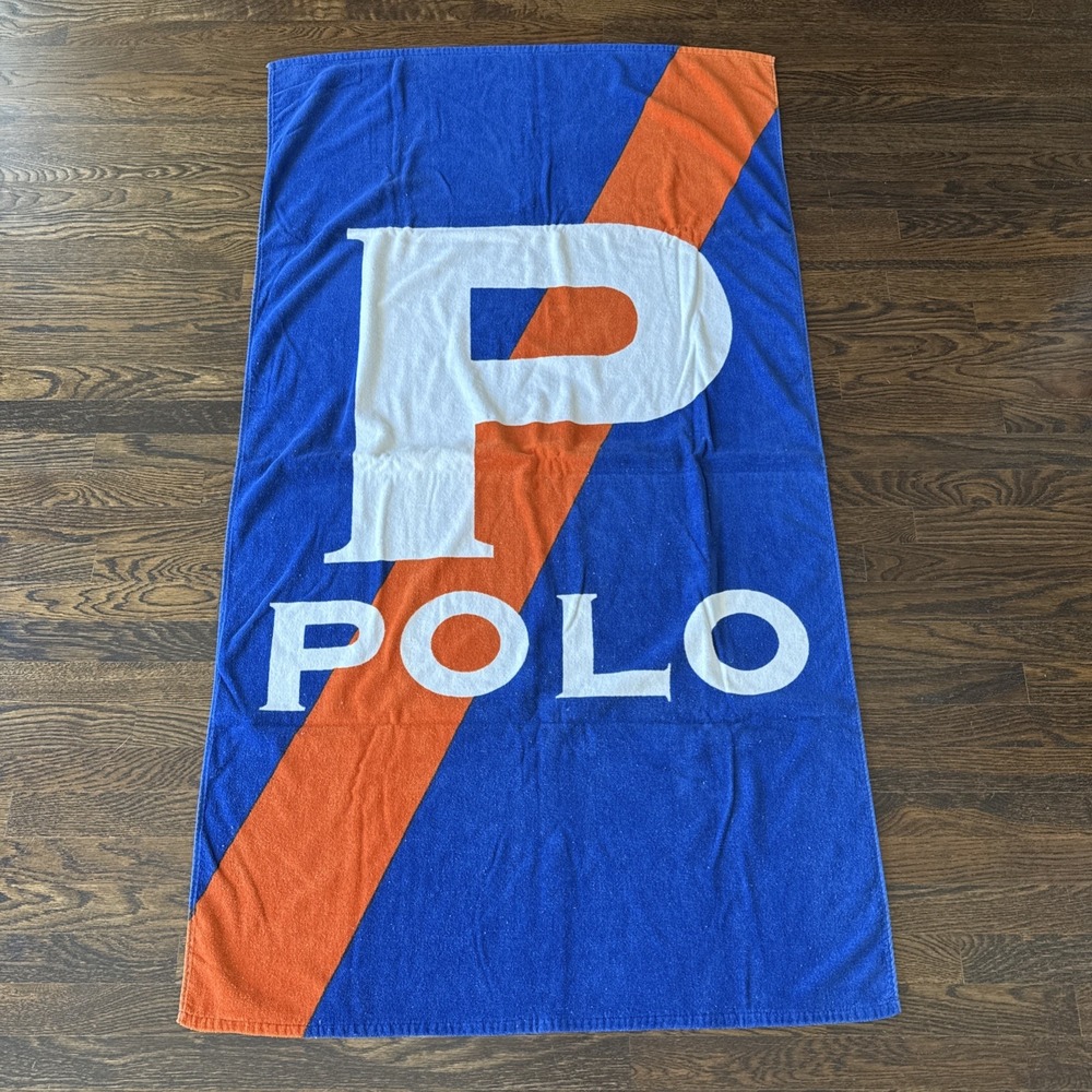 Ralph Lauren Home Blue & Orange POLO Beach Towel 34" X 58" Vintage Big P